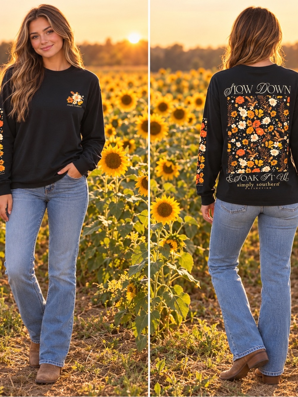 Simply Southern Black Long-Sleeve Floral Graphic Tee - "Slow Down & Soak It All"
